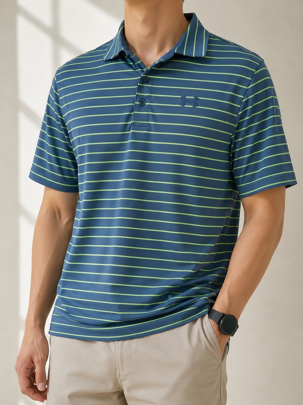 Under Armour Playoff Polo Shirt Men's Small Blue Green Striped Golf Loose Fit